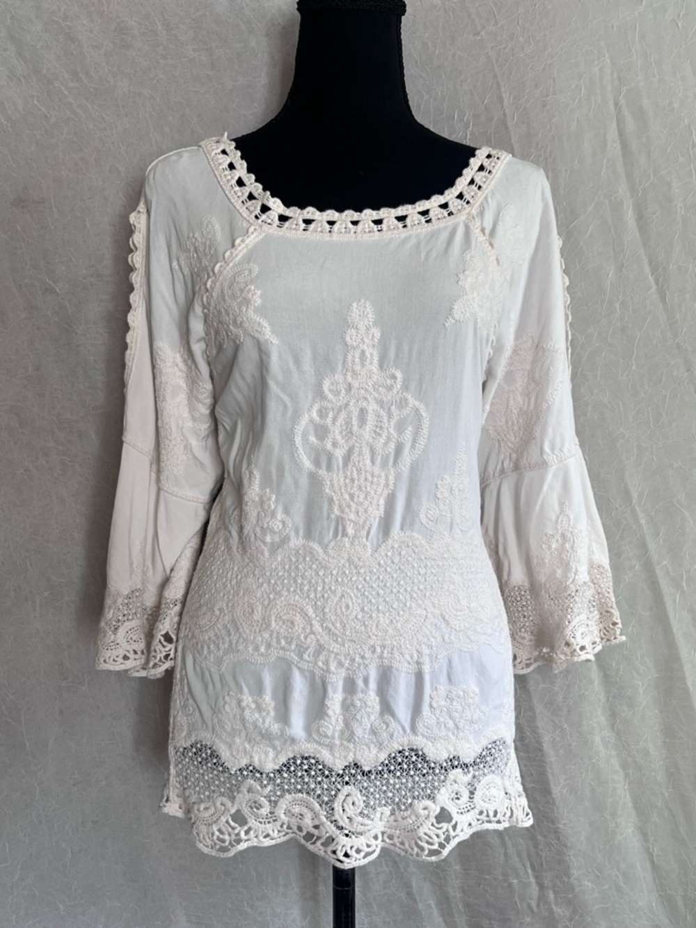 Ivory Lace-Trim V-Neck Blouse